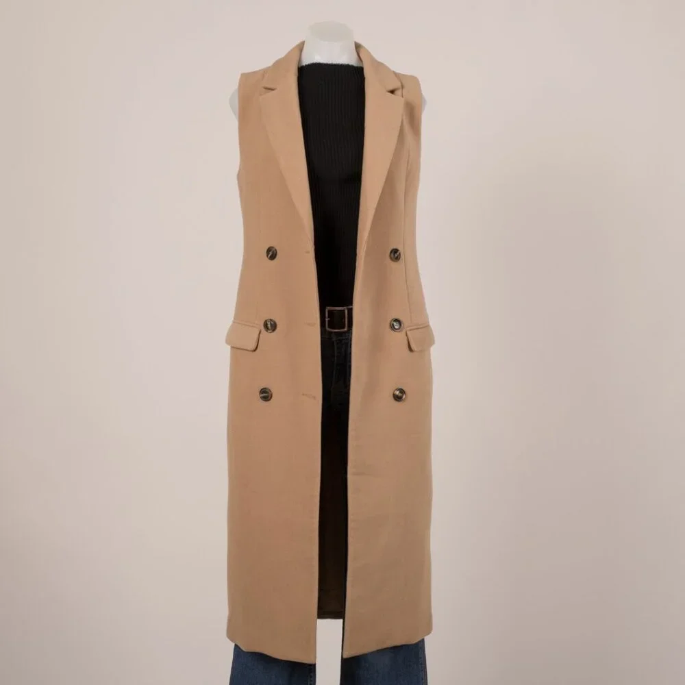 Missguided Camel Sleeveless Double-Breasted Longline Vest - Picture 2 of 5